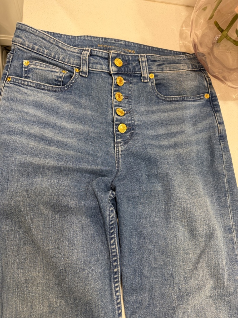 Michael Kors Jeans in Light Blue Denim with Gold Buttons